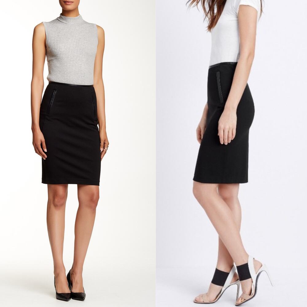 Vince Women's Black Leather Trim Ponte Pencil Skirt‎ Knee Length 10 NEW $245